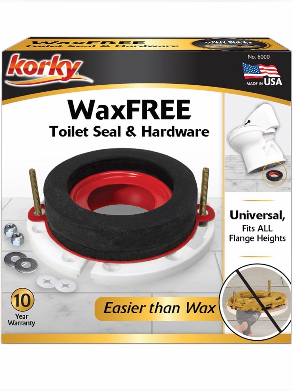 Korky 6000BP Universal Toilet WaxFree Seal with Hardware Installation Kit Bolts
